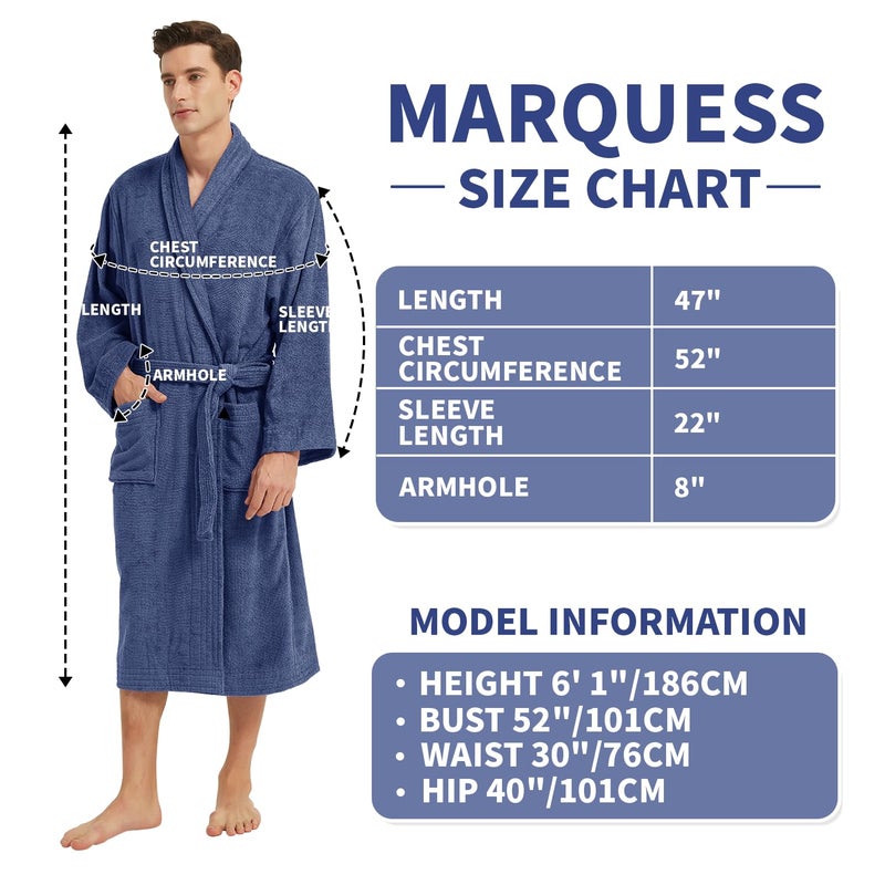 Marquess All-Cotton Bathrobe Thick Plush Cloth Housecoat Terry Toweling, Sweat Steaming Clothes Comfortable & Warm (Navy Blue) - Image 2